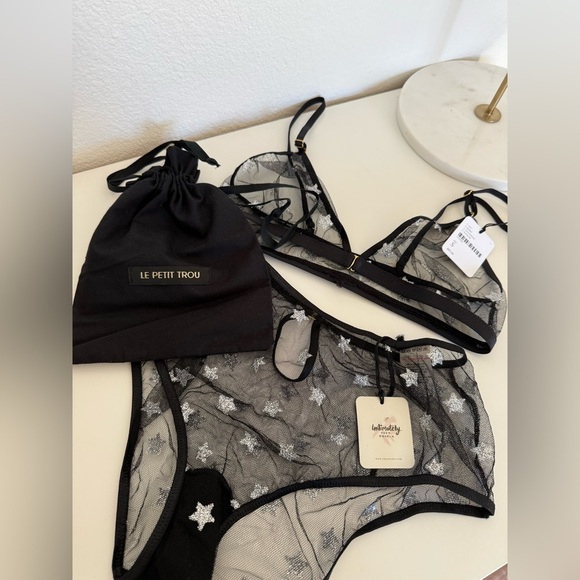 New Le Petit Trou Set Black Sheer Silver Star Embellished Lingerie Set - Picture 11 of 11